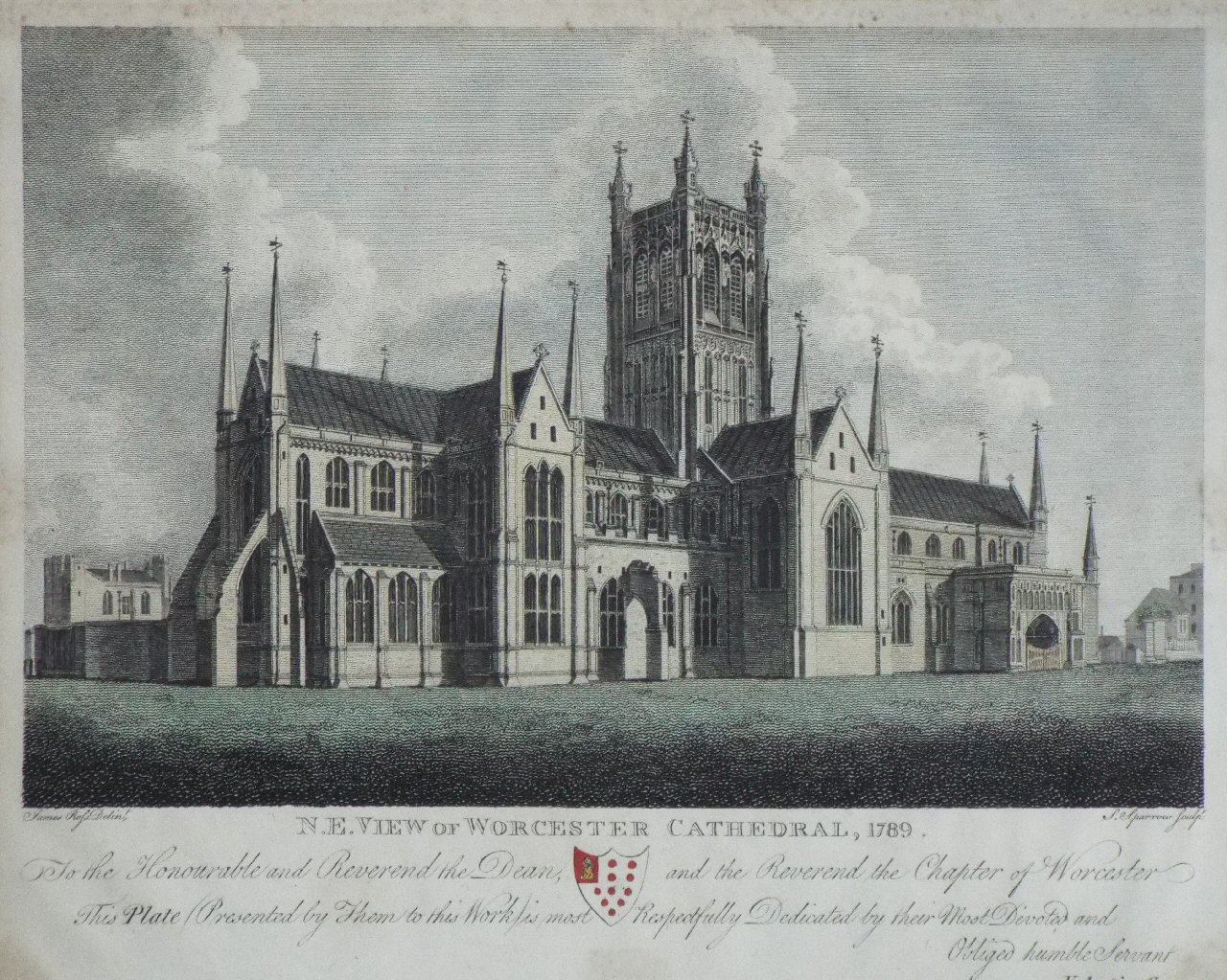 Print - N.E. View of Worcester Cathedral, 1789 - Sparrow